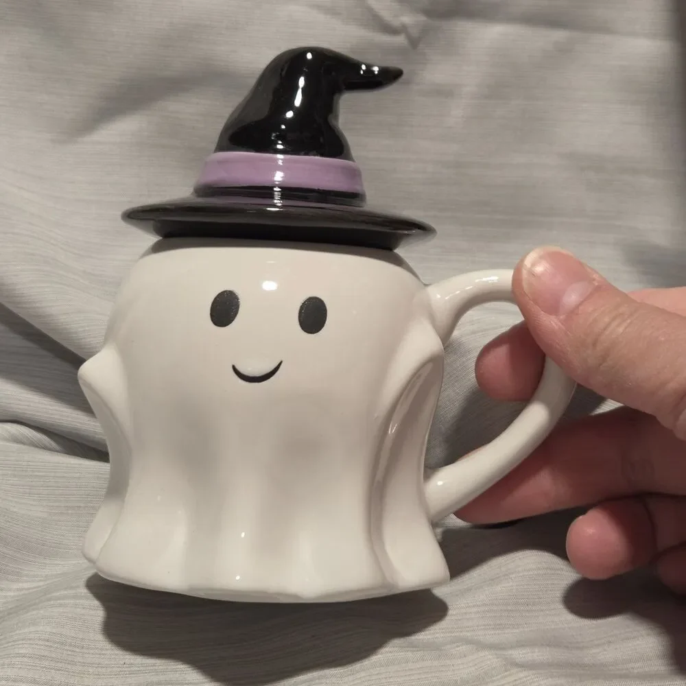 NEW Hyde and Eek Halloween White 3D Figural Ghost Mug w/Black Witch Hat Lid